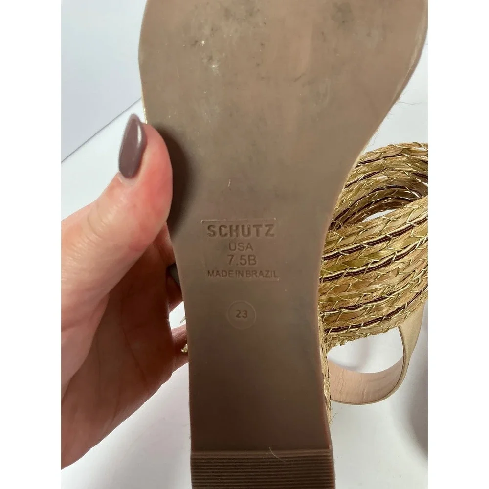 Schutz Womens 7.5B Gold Woven Straw Platform Wedge Slingback‎ Sandals Brazil